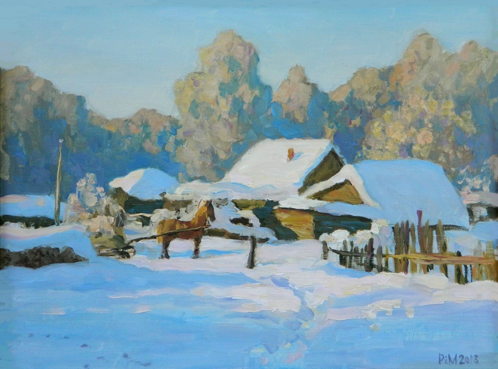 Frost, Rem Saifulmulukov- painting, winter, village, snow, horse, realism, landscape