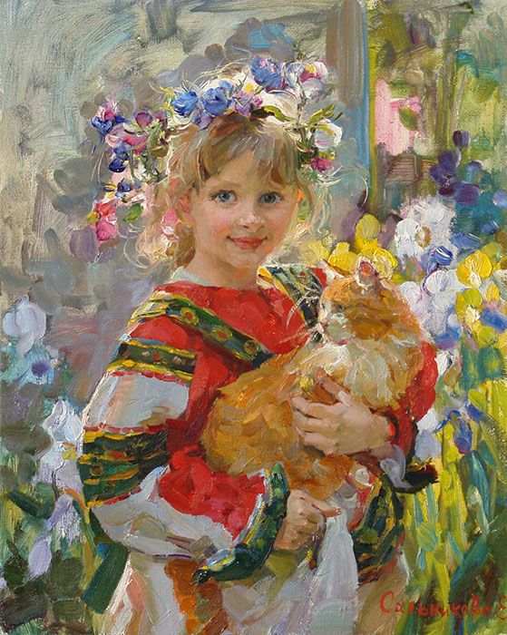Red-headed cat, Elena Salnikova- portrait of girl with cat, impressionism, flowers