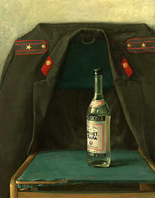 Still Life Hello, Oleg Leonov- painting, a bottle of vodka, greetings from the past Russia
