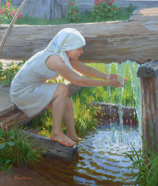 July, Evgeny Balakshin- painting, summer hot day, village, girl, spring