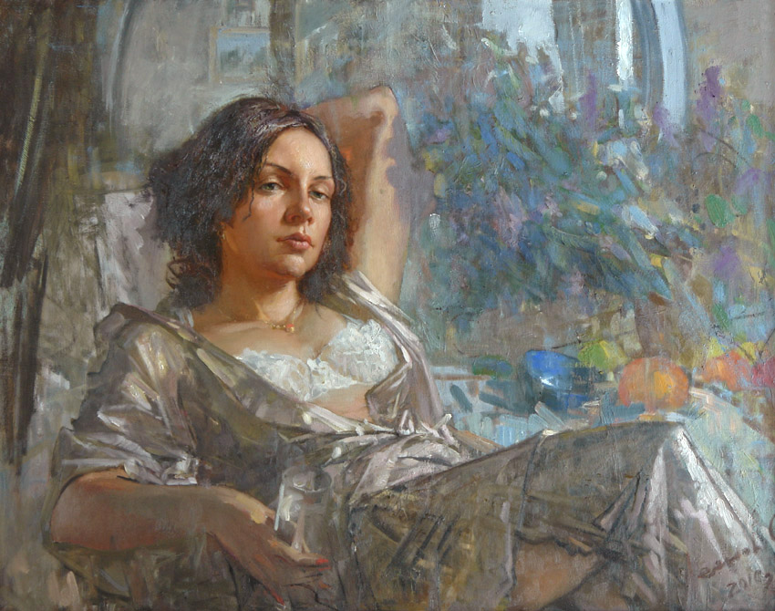 Дачница, Олег Леонов- картина, портрет девушки, отдых на даче, лето, реализм