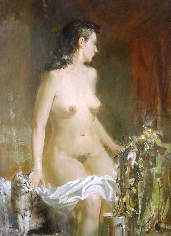 Nude with cat, Oleg Leonov- painting, naked girl, the female body beauty, nude, cat