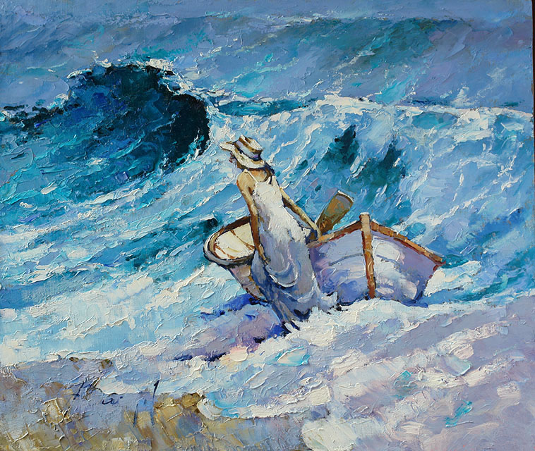 The boat was untied, Alexi Zaitsev- girl, impressionism, painting of sea, big waves