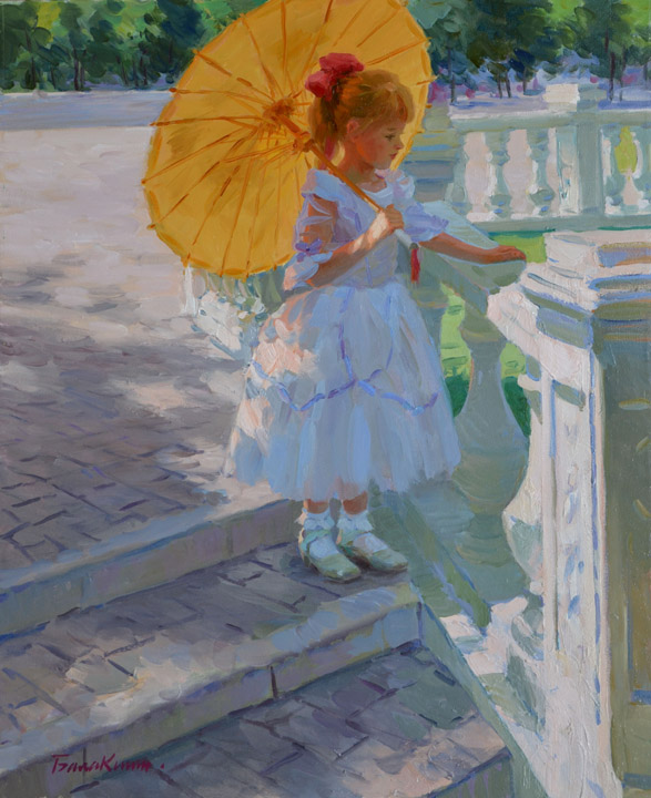 На прогулке, Евгений Балакшин- картина, летний день, девочка с зонтиком, красивое платье