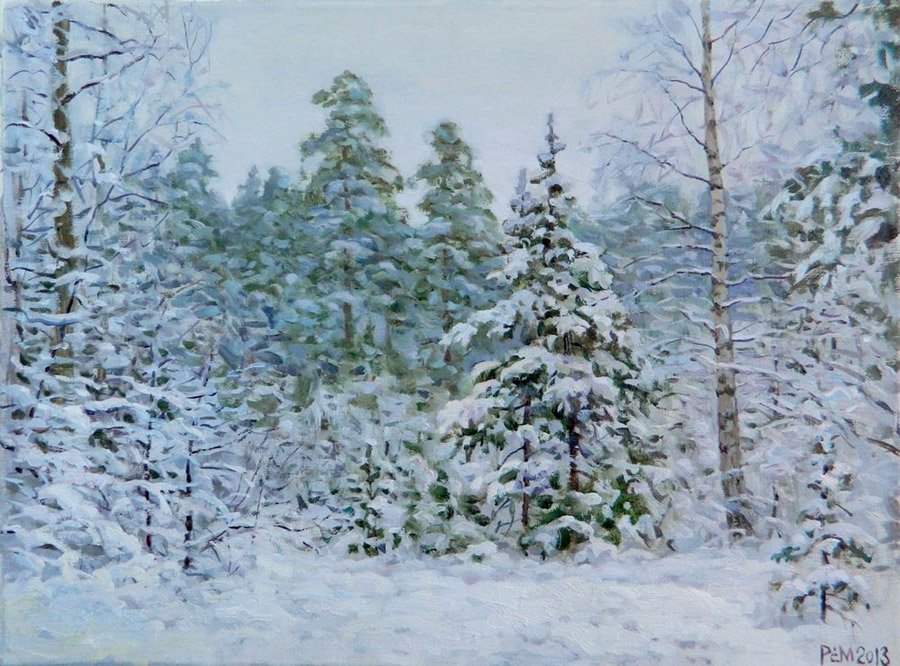 White attire, Rem Saifulmulukov- painting, winter, forest, spruce in the snow, realism