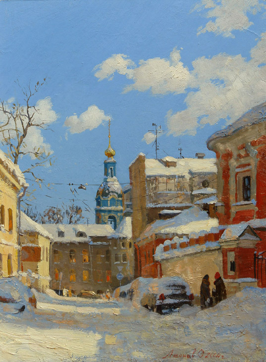 Петропавловский переулок, Олег Леонов- картина, городской пейзаж, московские улицы зимой, реализм