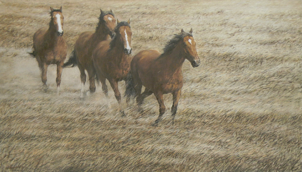 Поле, Андрей Ситько- картина, лошади, бегущие по полю, реализм