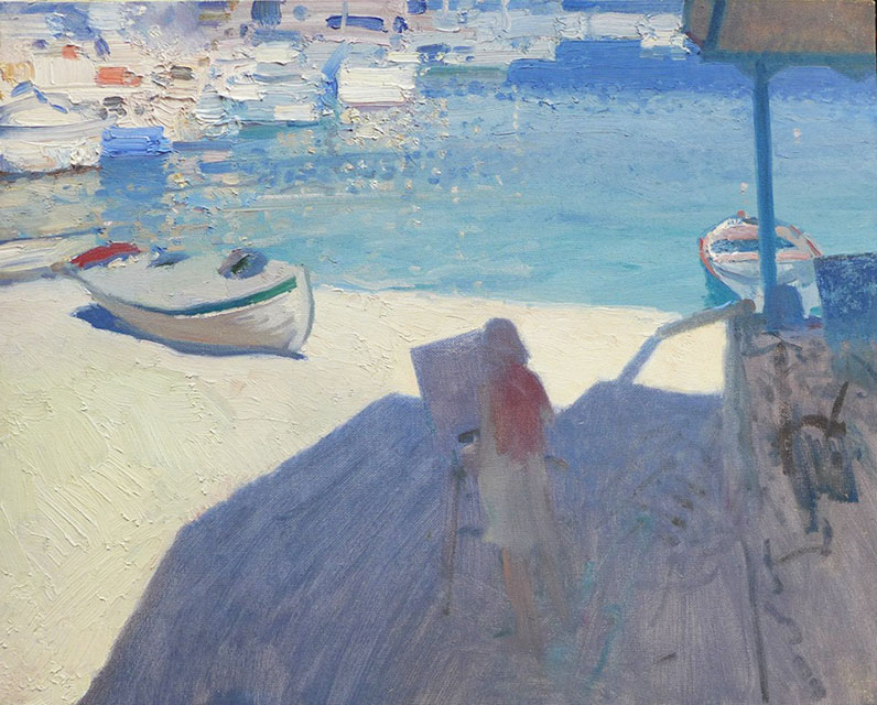 Пленэр у моря, Бато Дугаржапов- живопись в стиле импрессионизм, художница за мольбертом