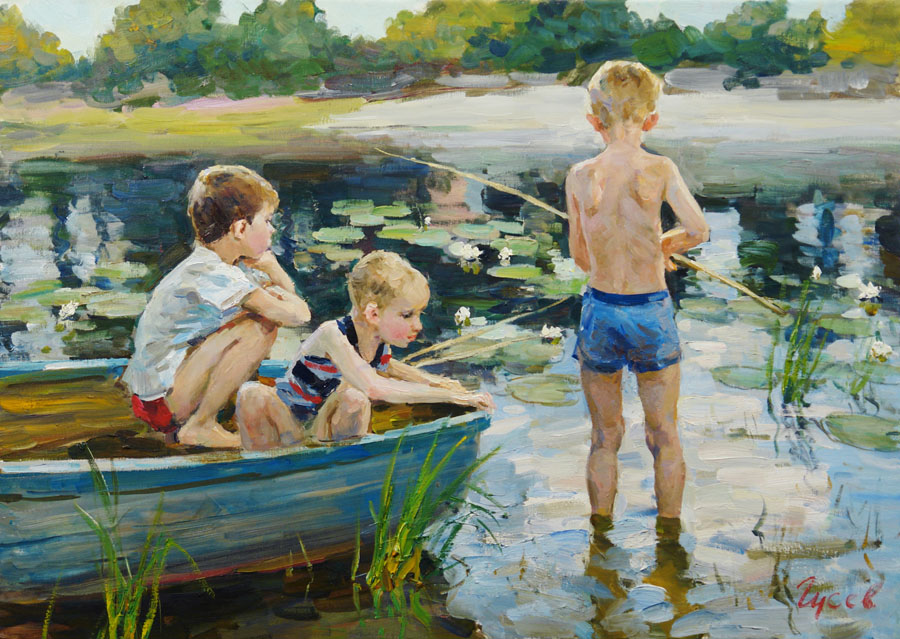 Three fishermen, Vladimir Gusev- genre painting, summer, river, boat, boys, fishing