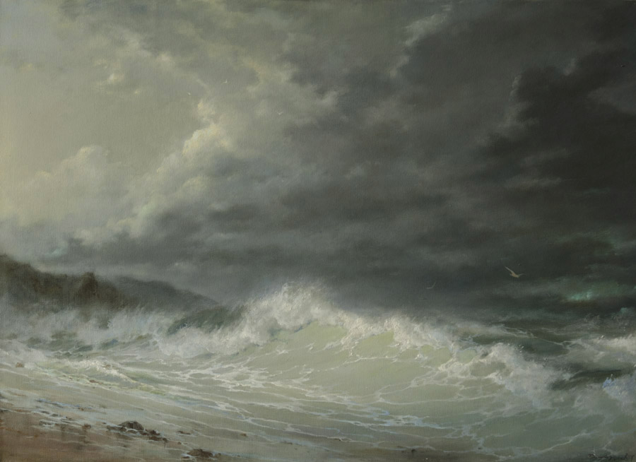 Storm is gone, George Dmitriev- painting, seascape, storm, waves, seagulls, stormy sky