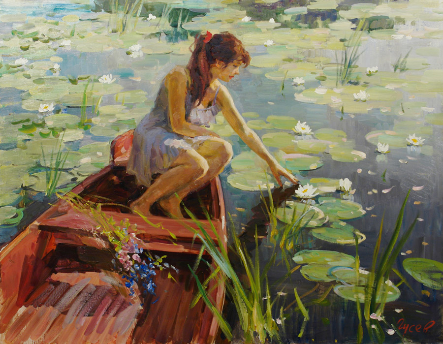 В лодке, Владимир Гусев- картина, лето, река, лодка, девушка, речные лилии