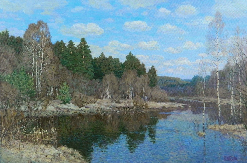 Pol River. April, Rem Saifulmulukov- painting, spring, river, wood, birches, landscape, realism