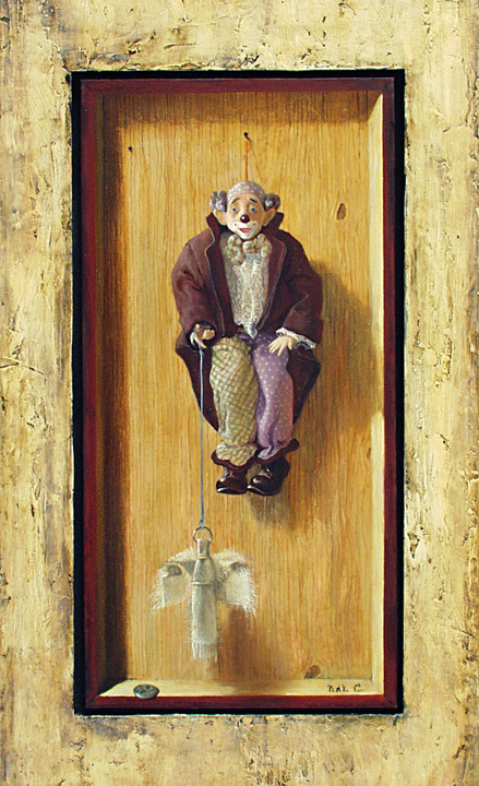 On thread (framed), George Dmitriev- painting, blende, doll, clown, angel figure