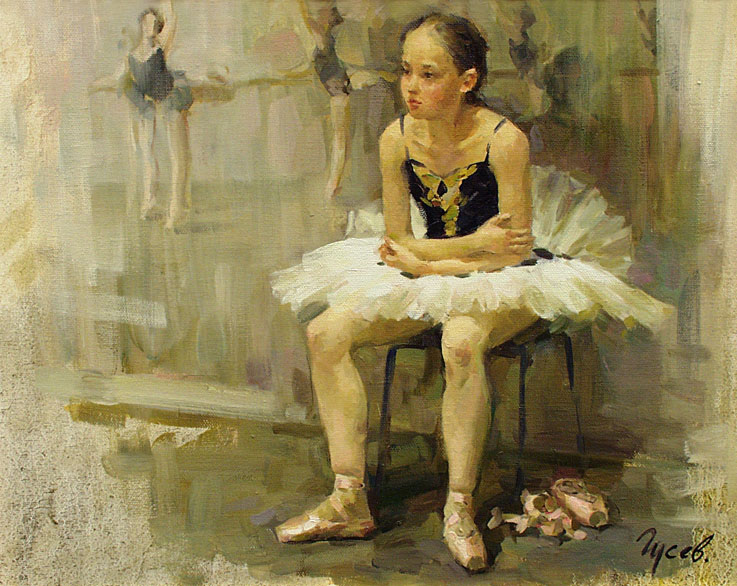 Rest, Vladimir Gusev- painting, ballerina, ballet, rest, impressionism