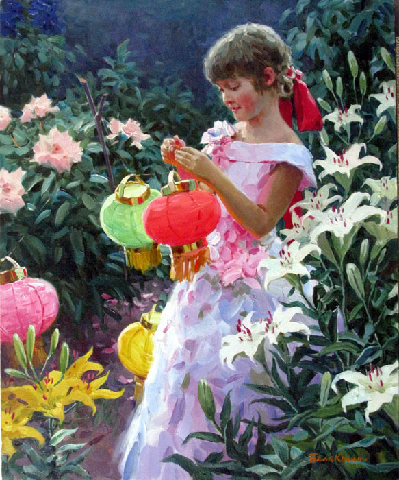 Flashlights, Evgeny Balakshin- painting, flower-filled garden, a girl with Chinese lanterns