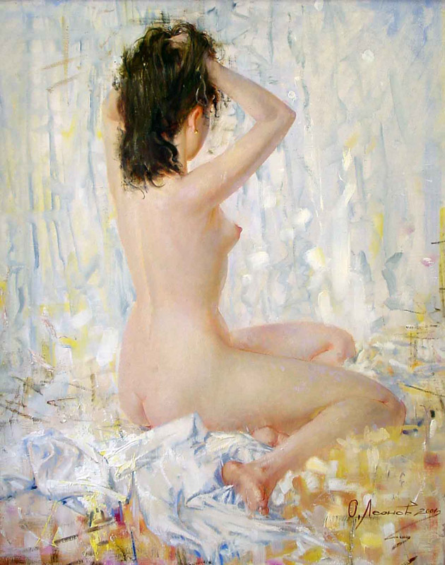 Morning, Oleg Leonov- painting beautiful female body, naked woman, nude, realism