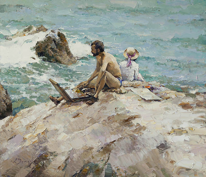 Plein air, Alexi Zaitsev- Artists in the Crimea, the sea, rocky shore, painting