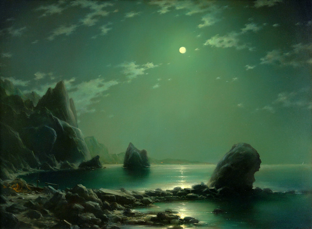 Night motive. Near mountain of the Kara-Dac, George Dmitriev- painting, seascape, night sea, moonlit path, Crimea