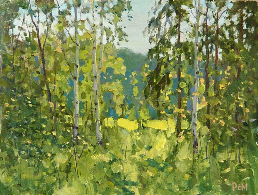 Sunny glade, Rem Saifulmulukov- painting, summer, sun, wood, birches, landscape, realism