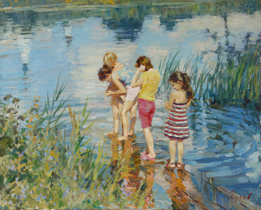 Лето в Суздале, Владимир Гусев- картина, летний день, дети на реке, прогулка, отдых