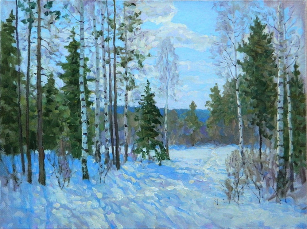 Солнечные тени #2, Рем Сайфульмулюков- картина, зимний день, солнце, лес, березки, пейзаж, реализм