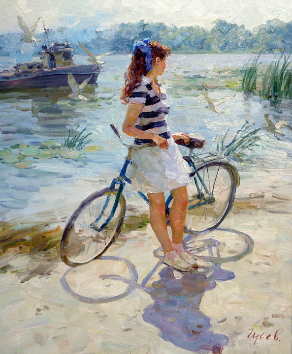 На берегу, Владимир Гусев- картина, прогулка на велосипеде, берег реки, девушка, лето