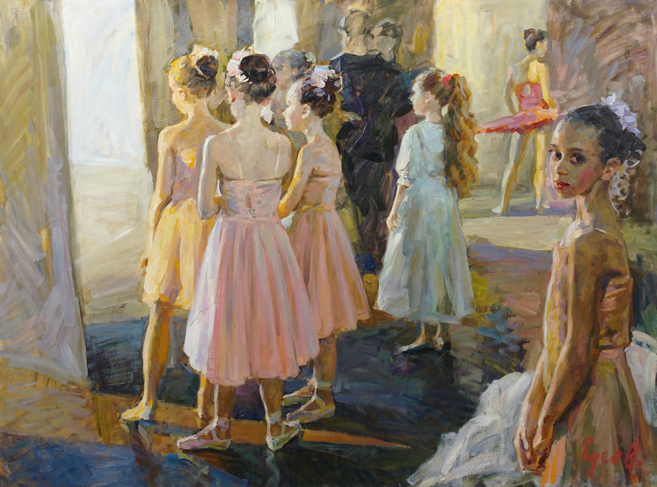 За кулисами, Владимир Гусев- картина, сцена, девочки, юные балерины, балет, волнение