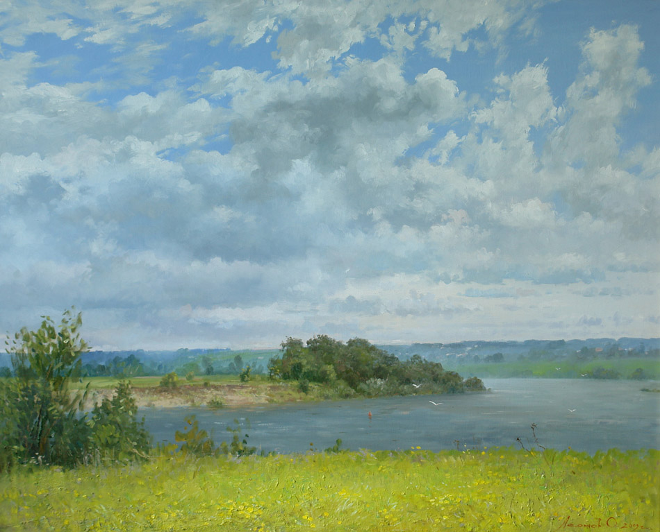 The beginning of May, Oleg Leonov- painting, spring day, river, clouds in the sky, landscape