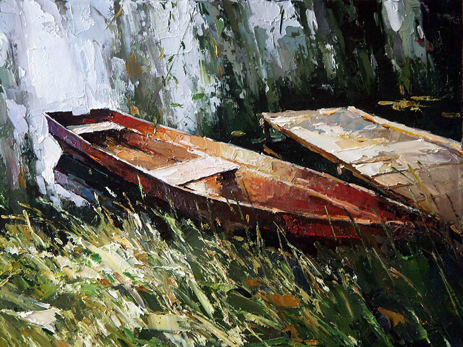 Red Boat, Alexi Zaitsev- two boats on the shore, painting, impressionism, river lands
