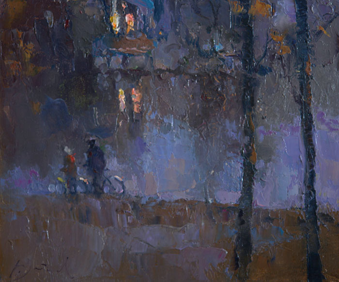 A quiet evening in Verona, Alexi Zaitsev- cityscape, Italy, cyclists, impressionism