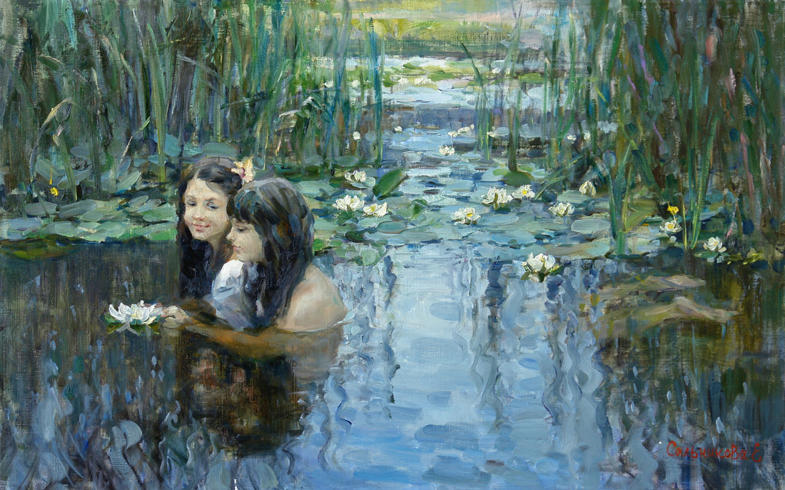 Русалки, Елена Сальникова- картина, девушки, купание, лето, кувшинки в реке