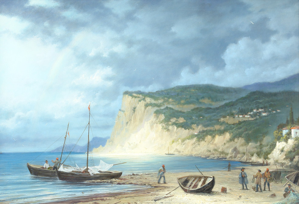 Mediterranean motive, George Dmitriev- painting, beach, fishermen, boats, mountains, cloudy sky