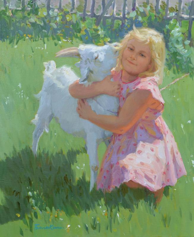 Summer in village, Evgeny Balakshin- painting, summer day, the girl with a a small goat, realism