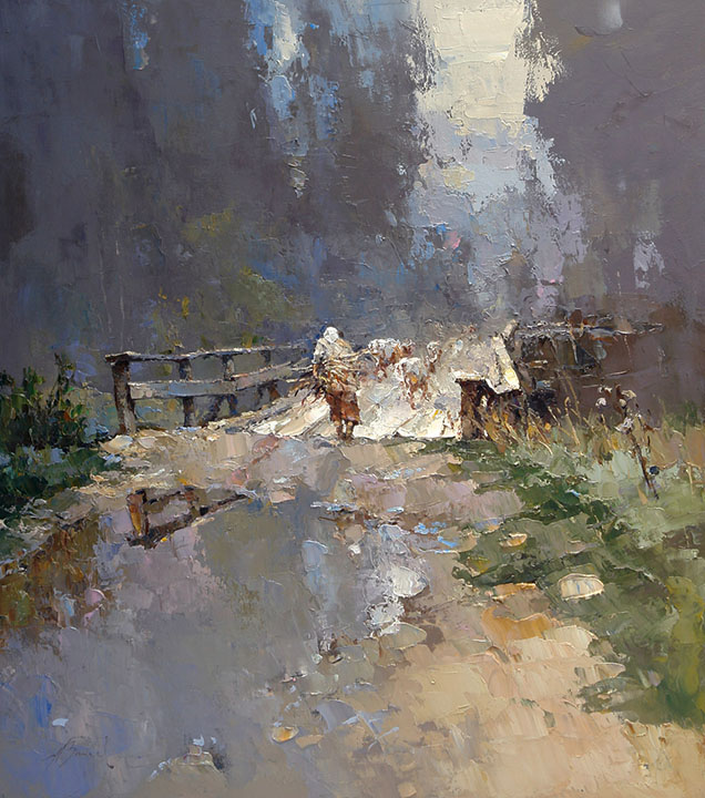 Way home, Alexi Zaitsev- country road, bridge, pool, cows, female shepherd