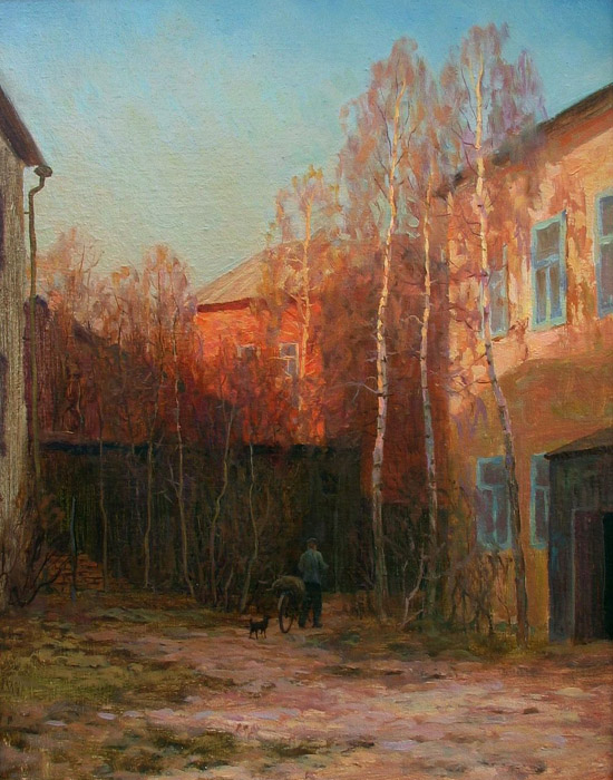 Courtyard, Rem Saifulmulukov- genre painting, old house, yard, birch, realism