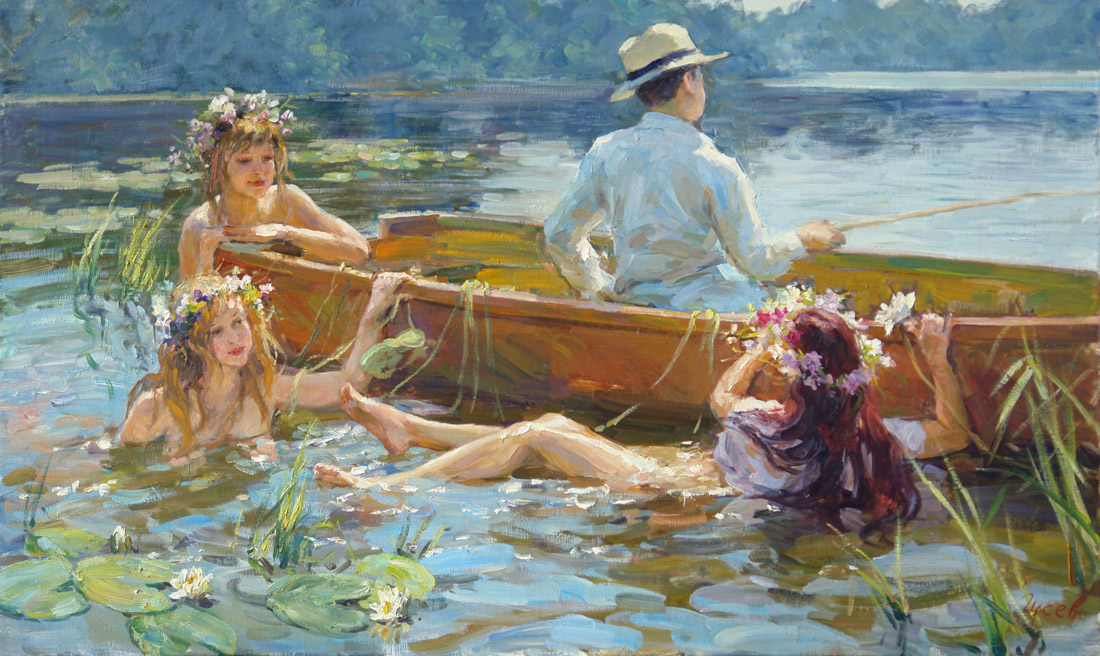 На рыбалке, Владимир Гусев- картина, лето, река, девушки, лодка, рыбак, импрессионизм