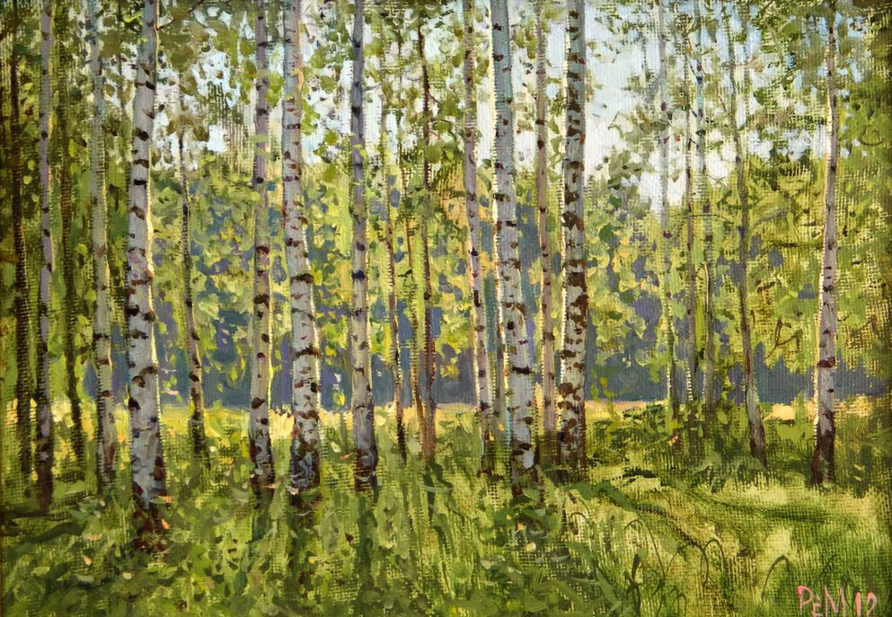 Birches, Rem Saifulmulukov- painting, summer, forest, birch, realism, landscape