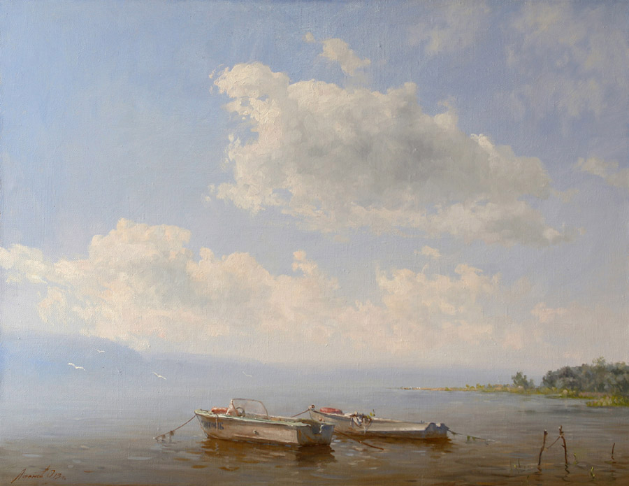 Причал, зной, Волга, Олег Леонов- картина, жаркий летний день, река Волга, лодки, облака,чайки