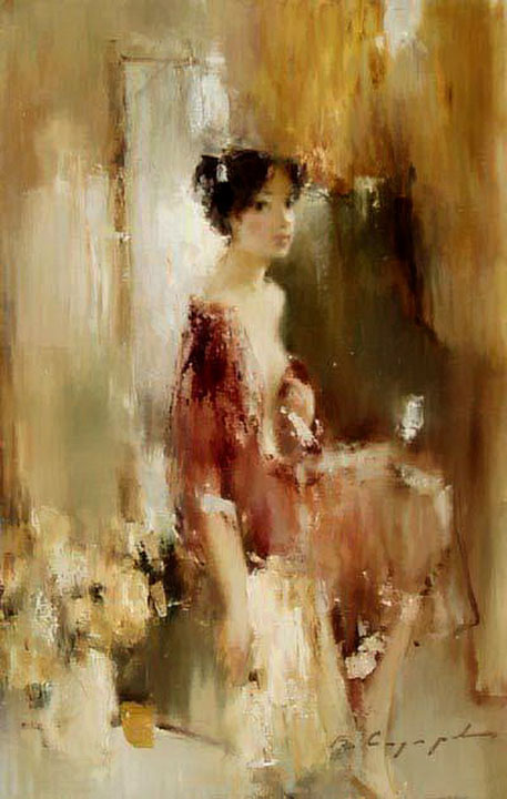 Golden dreams, Vitold Smukrovich- painting, girl sitting in the chair, impressionism
