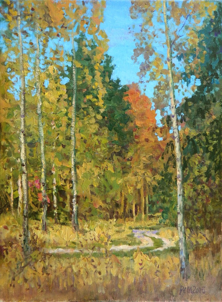 Autumn etude, Rem Saifulmulukov- painting, autumn, forest, birch, blue sky, landscape,realism
