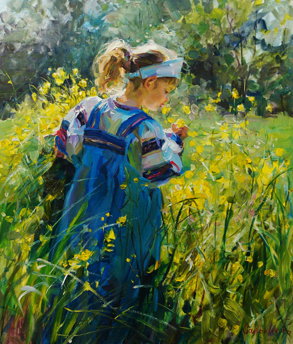 Buttercups, Elena Salnikova- painting, summer day, girl, wildflowers, impressionism
