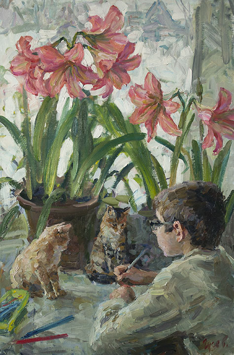 During lessons, Vladimir Gusev- schoolboy with cats, painting impressionism