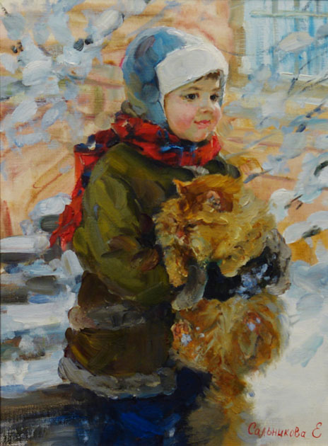 Cat, Elena Salnikova- painting, child on a walk, cat, winter, snow, impressionism