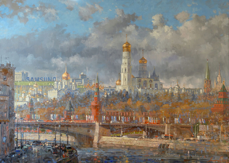 Moscow. View of the Kremlin, Oleg Leonov- painting, Moskva river, Kremlin, Ivan the Great Bell