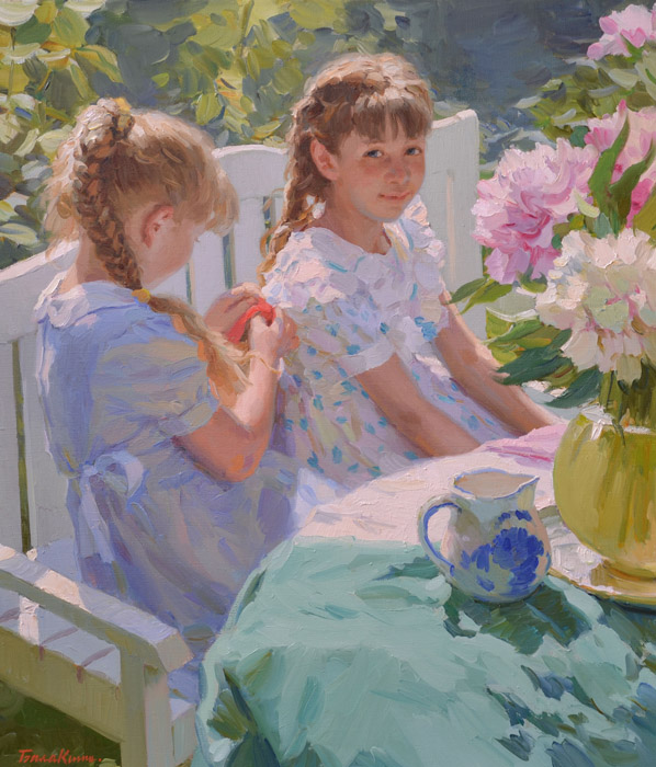 Летний полдень, Евгений Балакшин- картина, летний солнечный день, девочки в саду на скамейке