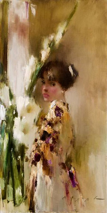 Gladioluses, Vitold Smukrovich- picture, girl, bouquet of flowers, impressionism