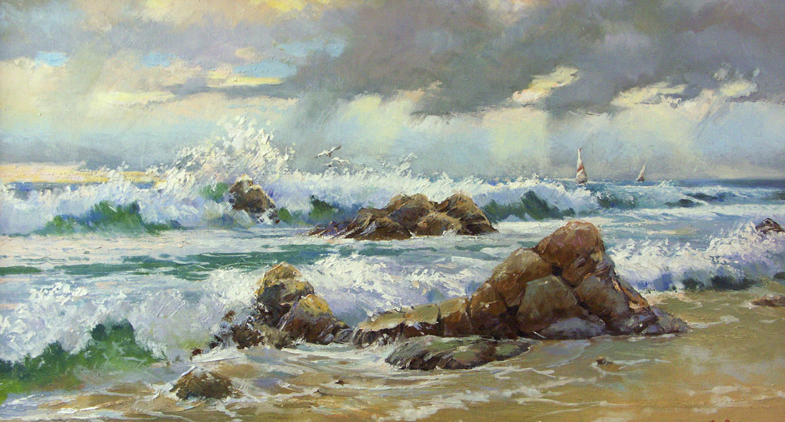 Sea worries, Dmitry Levin- green waves, rocks on the shore, seascape