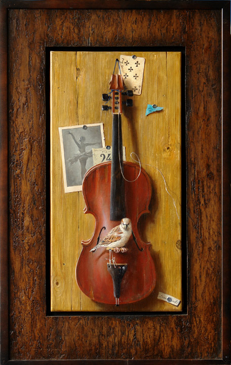Скрипка (в раме), Георгий Дмитриев- картина, обманка, дерево, старинная фотография, попугай