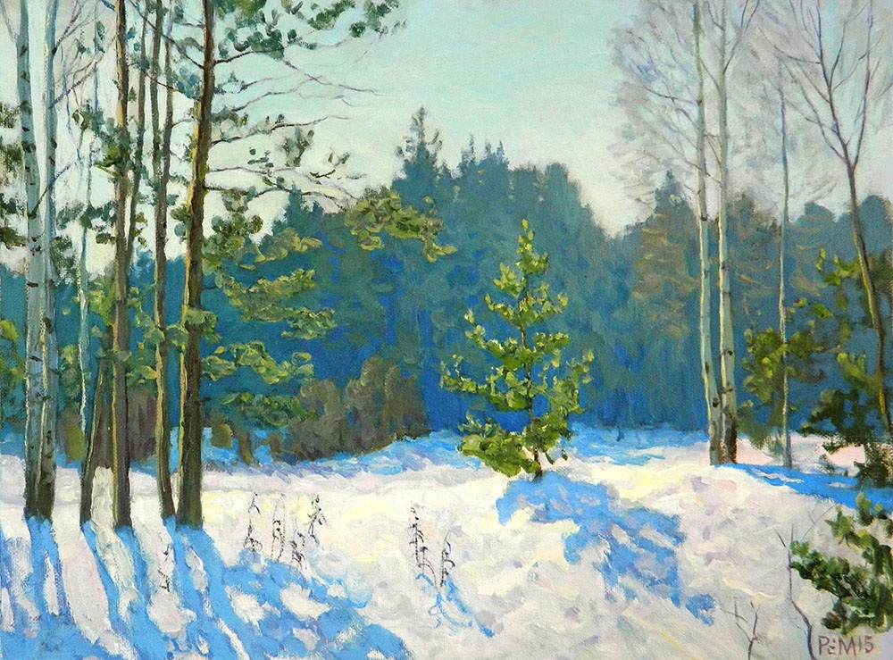 Зимнее солнце, Рем Сайфульмулюков- картина,  зима, снег, лес, березки, реализм, пейзаж