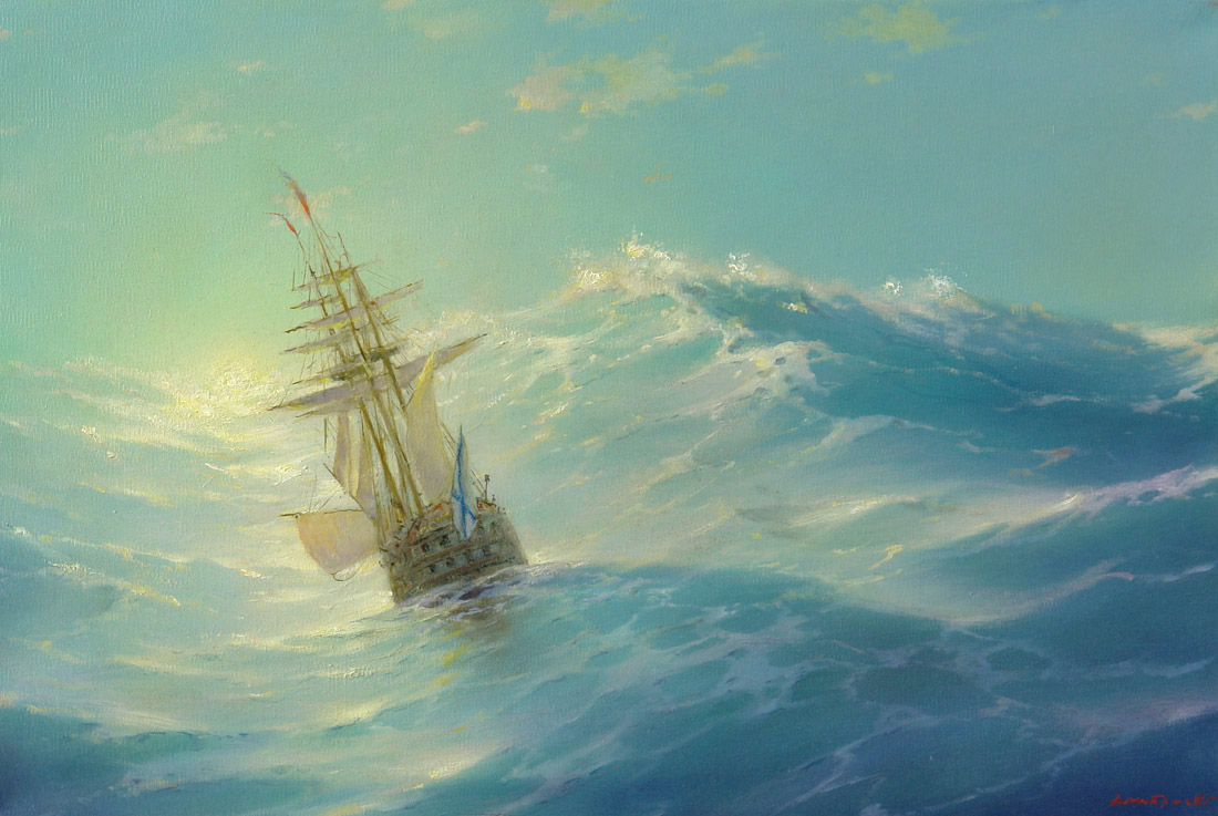 Towards sun, George Dmitriev- painting, seascape, sailboat, storm, waves, dawn